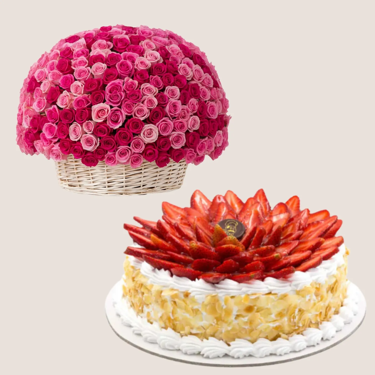 Blush Roses Basket Strawberry Cream Cake